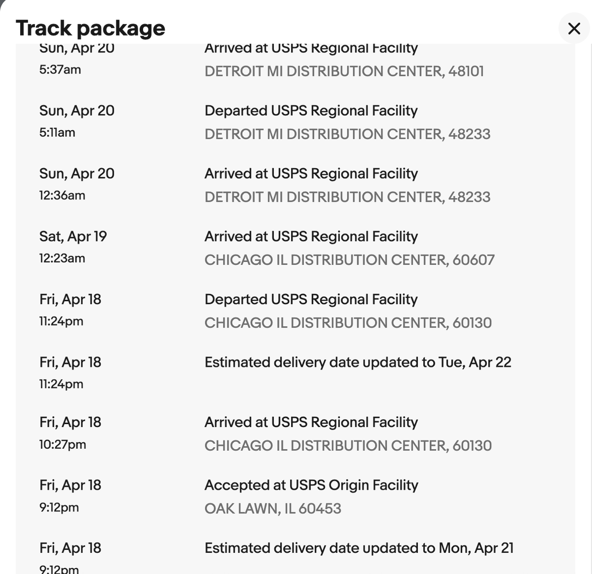 Well here is <a href="/USPS/">U.S. Postal Service</a> at it's finest. Explain how a package mailed to Chicago, starts in the Chicago suburbs, arrives in Chicago, then gets sent to Detroit. Way to waste time and money <a href="/USPSHelp/">USPS Help</a>. You may want DOGE to look at this inefficiency.