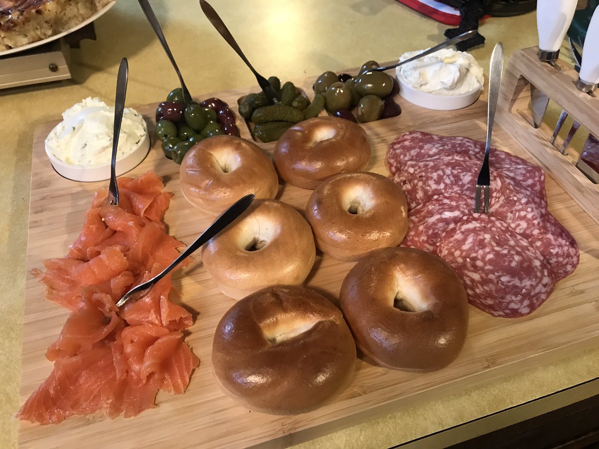 Easter brunch. I made two quiches. One traditional crust with feta, Guyere, spinach, onions  and mushroom. The other had a hash brown crust with ham and Swiss. TLS&amp;EPMZ put together a <a href="/ZabarsIsNY/">Zabar's</a> bagel board and Black-n-White cookies. Very New York!