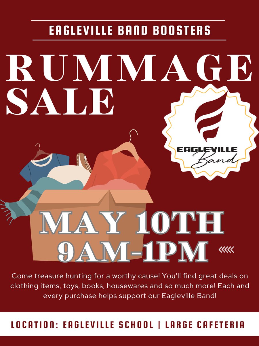 Eagleville Band Boosters Rummage Sale is happening—on May 10th - 9AM-1PM at Eagleville School - don’t miss it!

Spring cleaning?! Your donations are NEEDED!!!!! Have questions or need to arrange a pick up? Shout out to us by messaging us on our social accounts!