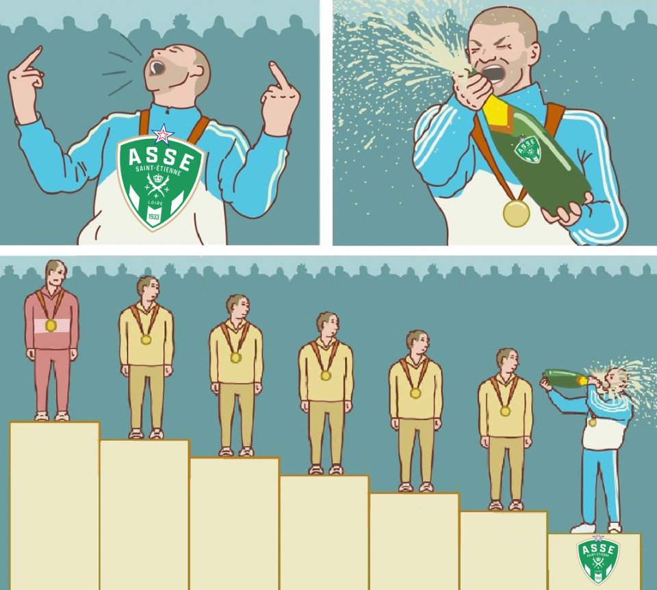 Les Stéphanois qui célèbrent l’humiliation de l’OL contre ManU et la victoire dans le derby avant de redescendre sagement en L2