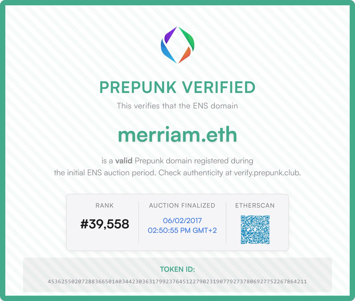 HaithamMoussa2's tweet photo. I got a  verified certificate  from @PrePunkOfficial
Merriam.eth
Listing on @ensvision

#ens #web3 #merriam #ensdomains https://t.co/D5xivBFsYh