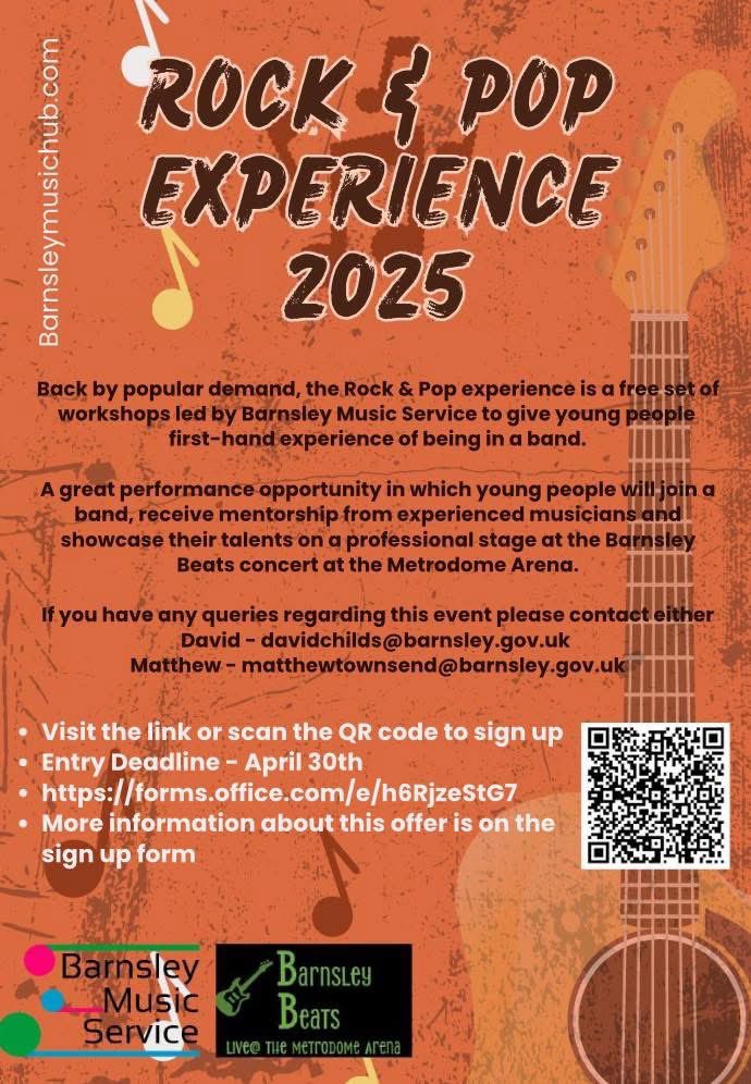 Rock and Pop Experience! 🎸 🎹 

We are running workshops to give young people firsthand experience of being part of a band.

For more details, and to sign up please use this link:

forms.office.com/pages/response…