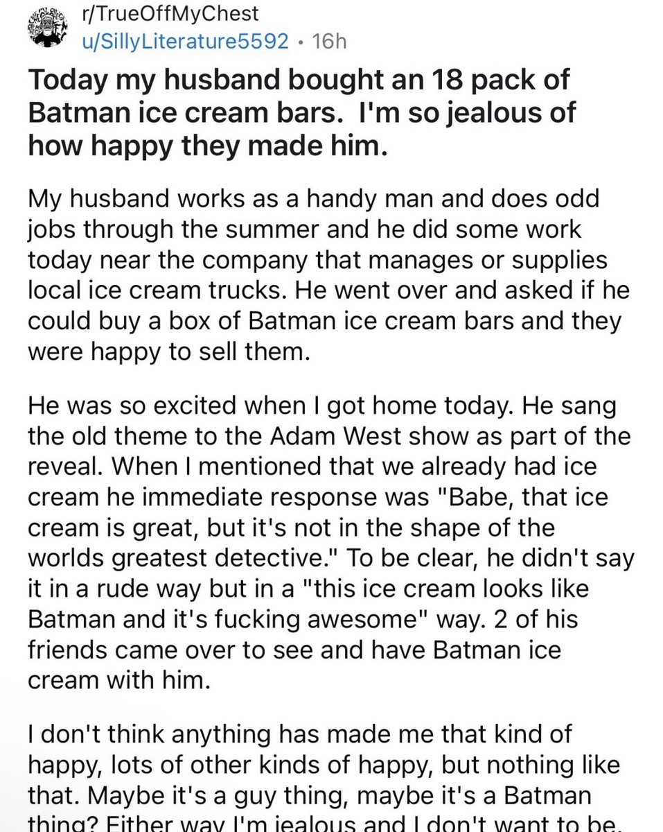 Dudes are simple creatures

Batman ice cream bar = happiness