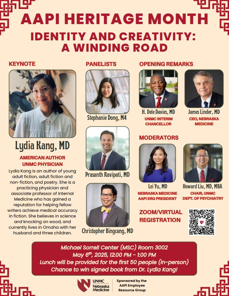🎉 In honor of AAPI Heritage Month, join us for a powerful keynote + panel celebrating AAPI voices, identity, and creativity!
🎤 Featuring Dr. Lydia Kang—UNMC physician, bestselling author &amp; advocate.
🗓️ May 6, 2025 | 🕛 Noon
📍MSC Auditorium 3002, UNMC (or 💻 Join via Zoom