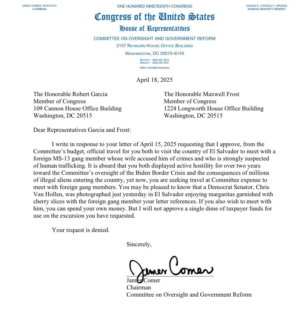 MaxwellFrostFL's tweet image. Chair Comer denied our request for an official trip to El Salvador to advocate for due process and the return of Kilmar Abrego Garcia. Pretty shameful.
Good thing I don’t need Comer’s permission to get on a plane.