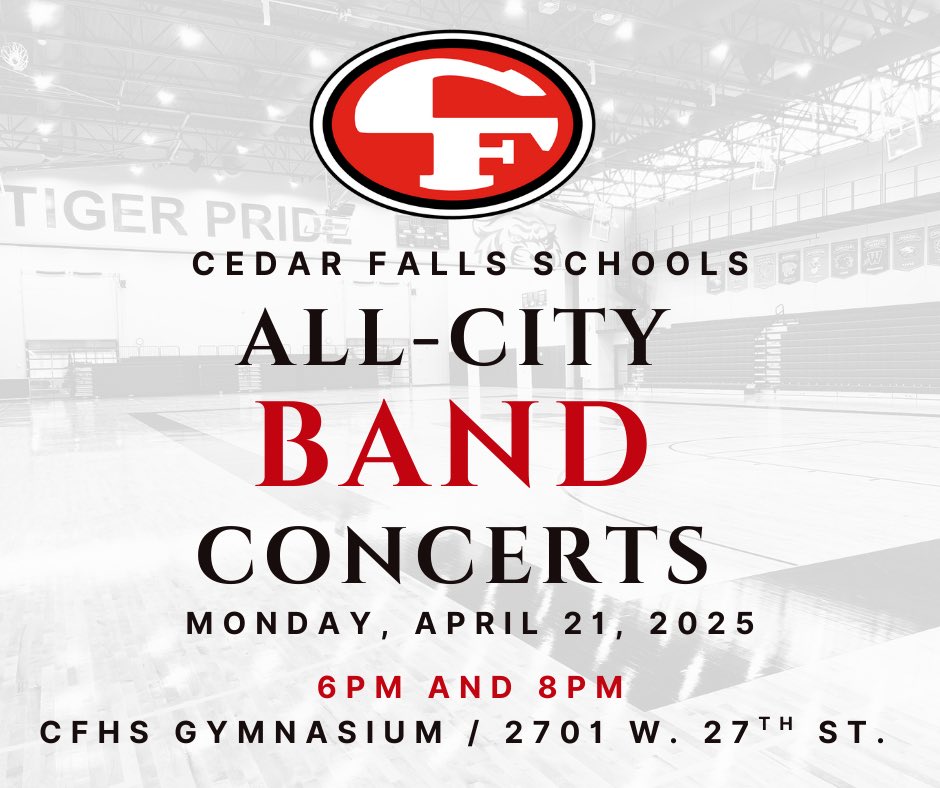 Join us on Monday, April 21 at 6pm AND 8pm - annual 𝘼𝙇𝙇-𝘾𝙄𝙏𝙔 𝘽𝘼𝙉𝘿 𝘾𝙊𝙉𝘾𝙀𝙍𝙏𝙎. 

6p: Hansen-Lincoln-North Cedar-Aldrich-Holmes-HS Symphonic Band

8p: Cedar Heights-Southdale-Orchard Hill-Peet-HS Wind

This event is free &amp; open to the public. #tigerpride <a href="/CFHSBand/">CFHS Band</a>