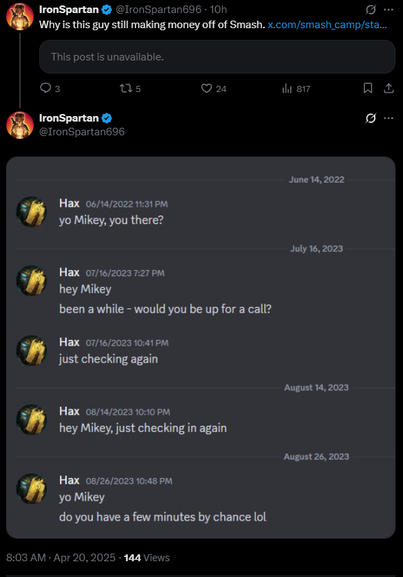 FoxNewsSSB's tweet photo. Smash Camp (@Smash_Camp) deletes two posts featuring head TO Mikey "The Cheat" (@thecheat) after Melee players responded with screenshots showing he ghosted the late Hax$.

Follow: @FoxNewsSSB https://t.co/ldZpq2ZGFB