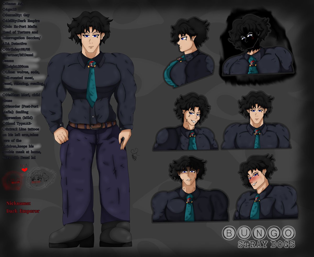 Bsd oc 2/4: Ash
Curiosity: Dark Empire is, basically, the total control of darkness, there are even Ash's creations with their own consciousness that follow him and protect him

Couple: Dazai Osamu

#BungouStrayDogs #osamu #bsdoc
#BSD
