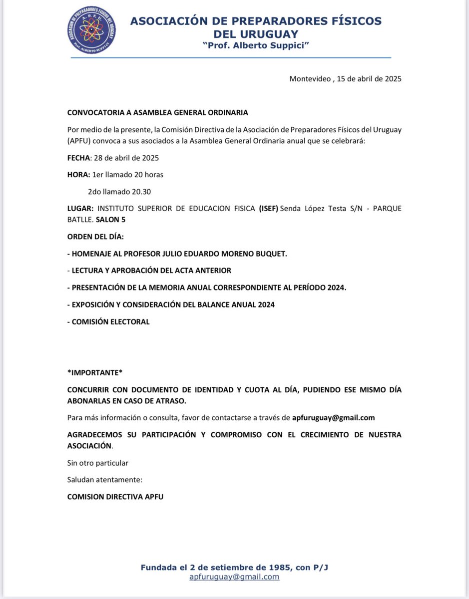 ATENCIÓN!!!!!
Convocatoria para Asamblea General Ordinaria