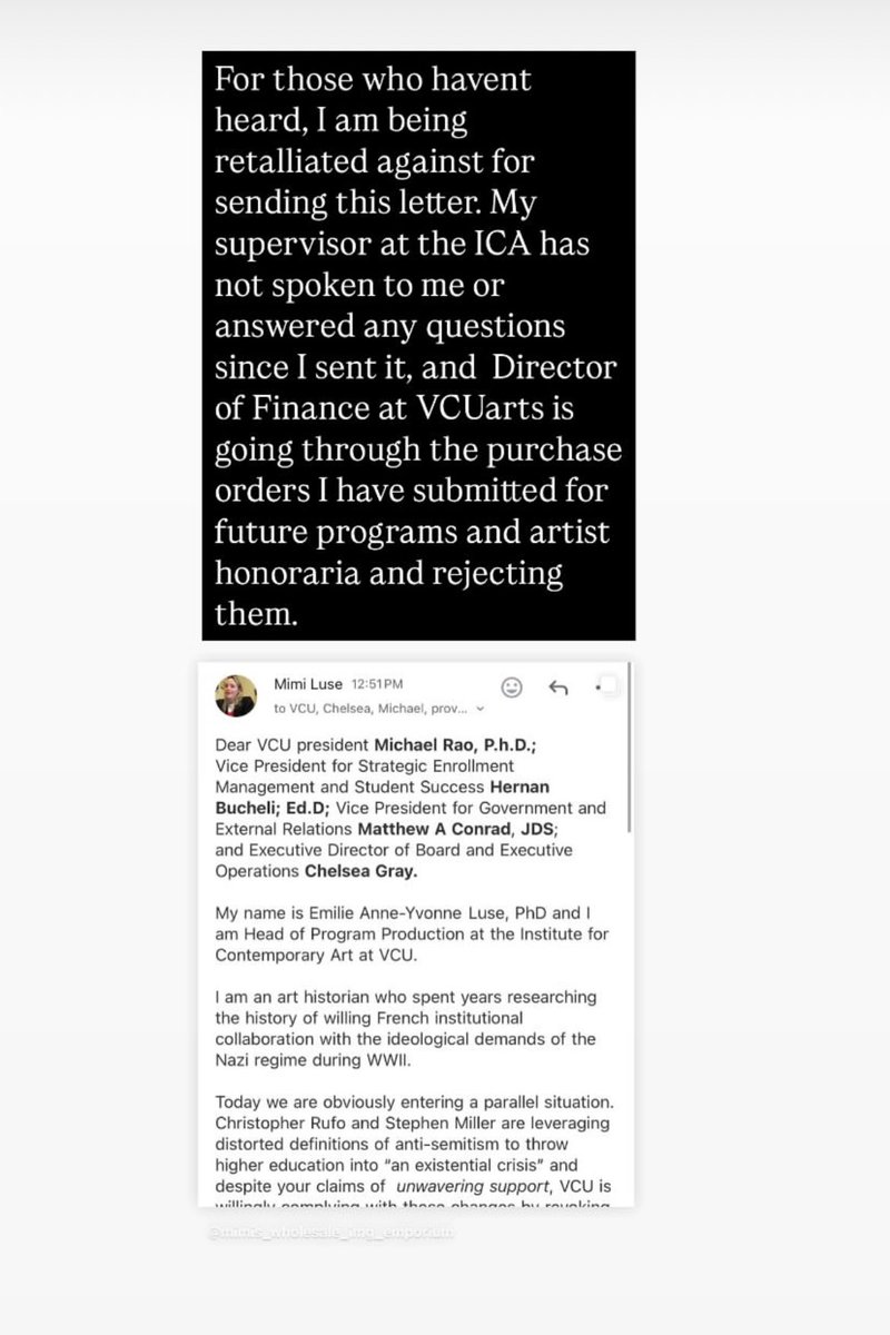 zl__al's tweet photo. My colleague is facing retaliation for a letter advocating a critical examination of VCU’s role in facilitating the ongoing genocide in 🇵🇸. Please support her in the ways that you can. Hopefully this helps illuminate the actual function of the ICA + VCU’s other “cultural” insts. https://t.co/Vd5fCP0ppl