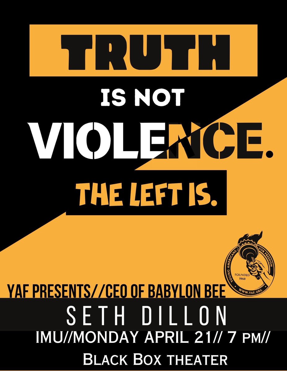 Iowa_YAF's tweet image. You’ve seen the Buzz around campus- Tomorrow, Seth Dillon will be on Campus to talk about “The Sting of Censorship” as it pertains to The Babylon Bee and the companies experience over the last few years. 🐝💛🖤
Join us// April 21// 7 Pm// Black Box Theater