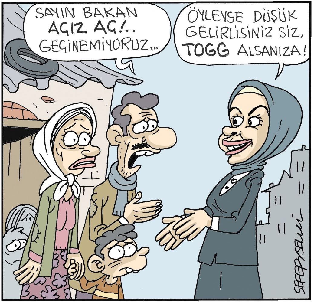 Aile Bakanlığı, “aile yılı” kapsamında düşük gelirli ve üç çocuklu ailelere TOGG için uzun vadeli finansman sağlayacağını duyurdu.
#TOGG ALACAK PARASI VAR MI DİYE SORAN YOK..!!
#AileYılı
#Yoksulluk 
#enflasyon 
#dolar 
#faiz 
#hükümetistifa 
#HemenSeçim 
Çizgi / Sefer Selvi