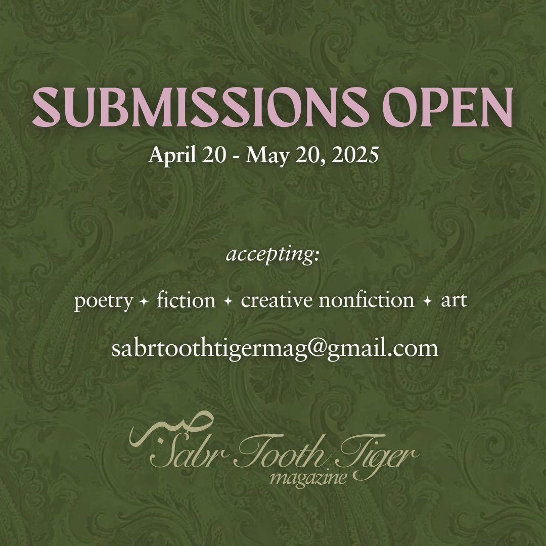 sabr tooth tiger magazine (@sabrtoothmag) on Twitter photo first round of subs for the mag are now open!
send up to 5 pieces and a bio/cover letter to sabrtoothtigermag@gmail.com
no particular theme, we just want your work that is striking, comforting, alarming, pacifying. take us somewhere higher or ground us in the earth 💫 first round of subs for the mag are now open!
send up to 5 pieces and a bio/cover letter to sabrtoothtigermag@gmail.com
no particular theme, we just want your work that is striking, comforting, alarming, pacifying. take us somewhere higher or ground us in the earth 💫