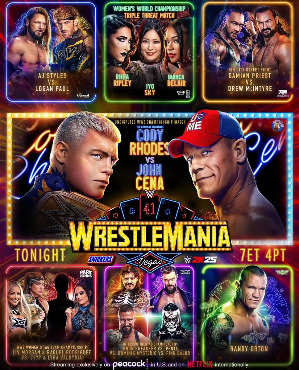 My picks for tonight - what do you think? 
#WrestleMania 
AJ Styles☑️
RHEA RIPLEY OF COURSE☑️
Drew McIntyre☑️
CODY RHODES BUT IM SCARED☑️
Becky Lynch returns to help Lyra and get the W ☑️ 
DIRTY DOM??? FINN BALOR???? IDK☑️
No clue who he is fighting but Randy
Orton☑️