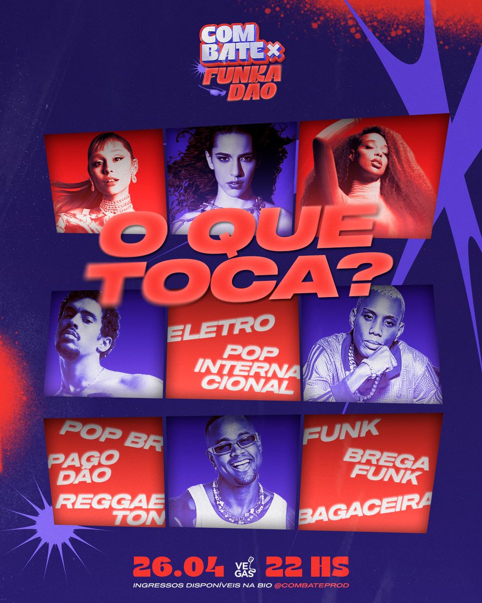 combateprod's tweet photo. Sábado (26.04), no Vegas, tem COMBATE X FUNKADÃO 💥 São duas festas na mesma noite, com 8 atrações em duas pistas simultâneas, muitos atrativos free e 2H de promoções no bar! 

Ingressos disponíveis em https://t.co/mZNhwEG64z ou sem taxa pela DM https://t.co/CGdcJHVami