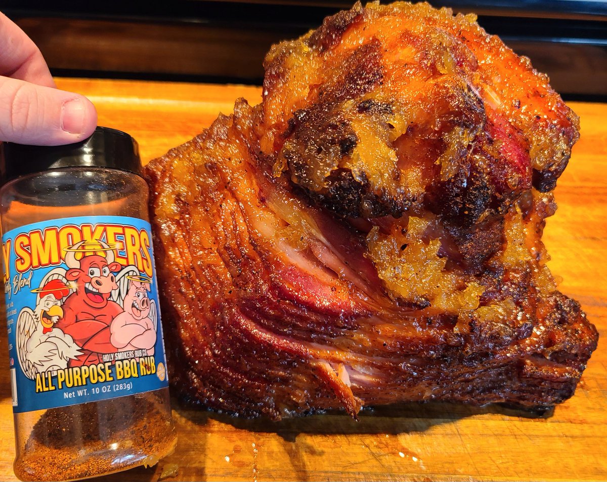 dadof2bbq's tweet photo. Double smoked pineapple glazed ham for Easter dinner!! Seasoned a 10 pound ham with https://t.co/eGXGKdeq0H all purpose bbq rub and smoked for 4 hours using @BearMountainBBQ pecan pellets!! It was amazing! Happy Easter everyone!! #dadof2bbq #easter #easterham https://t.co/47Es0AXIqp