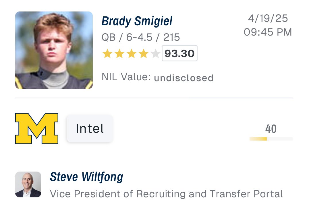 uofmcoverage's tweet image. 2026 4⭐️ QB Brady Smigiel has been predicted to Michigan by Steve Wiltfong 

Brady is ranked 74th nationally #GoBlue