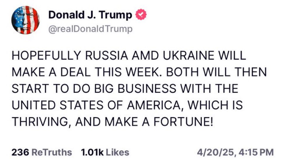 Trump solta bomba: "ESPERO QUE A RÚSSIA E A UCRÂNIA FECHEM UM ACORDO ESTA SEMANA. AMBAS COMEÇARÃO A FAZER GRANDES NEGÓCIOS COM OS ESTADOS UNIDOS DA AMÉRICA, QUE ESTÃO PRÓSPERO, E FAZERÃO UMA FORTUNA!" #Trump #btc #Bitcoin