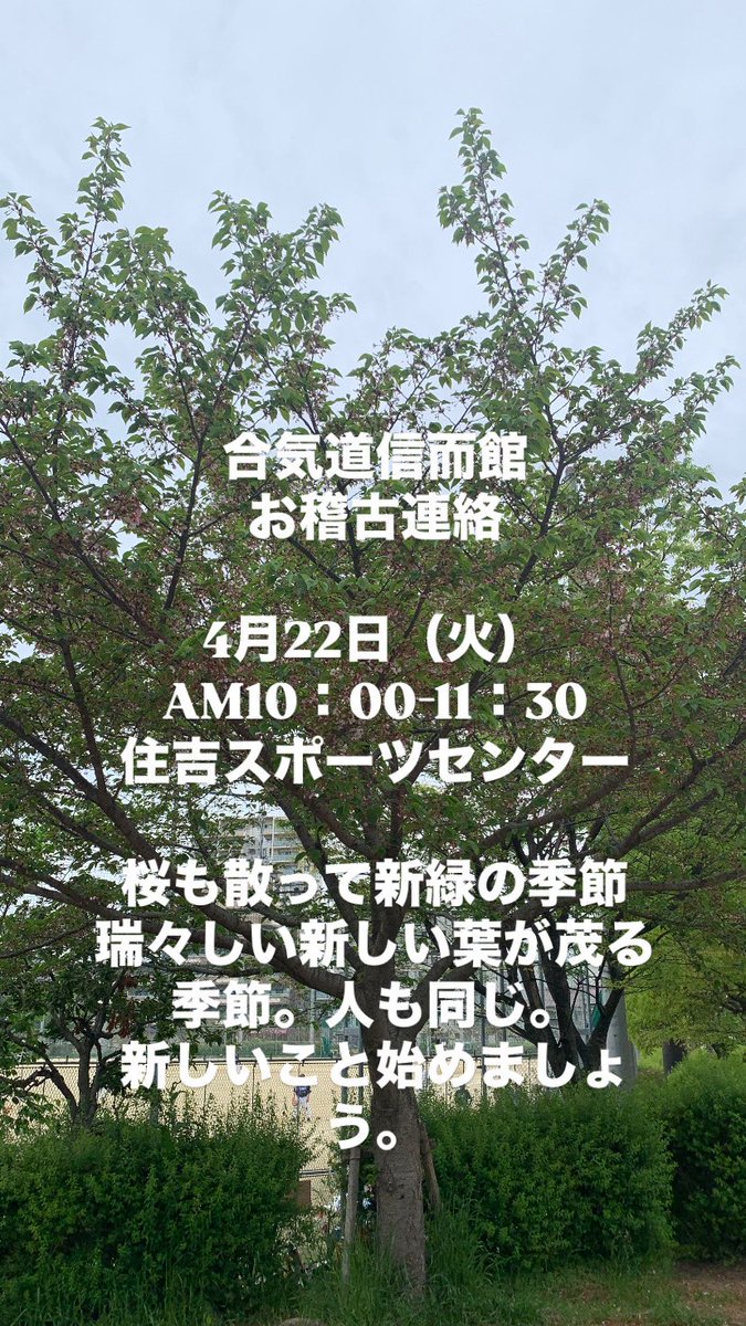 ⭐️春の会員募集中❗️
◼︎ホームページ
sites.google.com/view/aikidoshi…
※HP内の稽古場所・日程から見学、体験を申し込めます。
▪️連絡アドレス
shinjikan1104⭐️gmail.com
※⭐️を@に変えてください
#合気道 #瞑想 #ヨガ #住吉区
#住吉スポーツセンター #武道　
#初心者 #体験