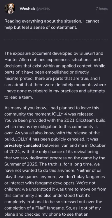 burningv2337802's tweet photo. We have a copy of Weshek's deleted Game Jolt response. We are posting it here for the purposes of archival. Apologies for being so late, as the majority of us have left this situation behind us and have not paid much mind to it since (last image is in the replies). https://t.co/et8JFVpmGQ
