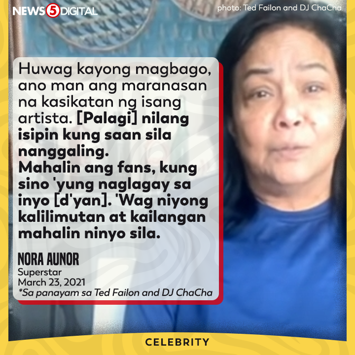News5PH's tweet photo. #News5Throwback | Balikan ang naging payo ni #Superstar #NoraAunor para sa mga kapwa niya artista sa panayam niya sa #GoodMorningLodi ng programang #TedFailonAndDJChaCha noong March 23, 2021. #News5 https://t.co/rUaOvHzJJJ