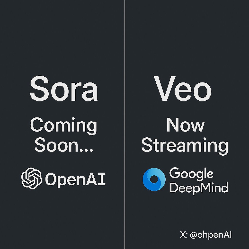 OhpenAI's tweet photo. Sora is still "Coming Soon". Veo is already streaming.

We’re not just comparing models anymore.
We’re comparing products and platforms.

OpenAI gave us a glimpse of what might be.
Google just gave us the full release — complete with upload, distribution, and monetization.

Sora might be an artist.
Veo is already a content creator with a YouTube channel and a Shorts pipeline.

It’s not goodbye, Sora.
It’s hello, reality.

X: @ohpenAI
#Sora #Veo #OpenAI #GoogleDeepMind #AImodels #TextToVideo #GenerativeAI #ProductVsPlatform #AIwars #TechMeme