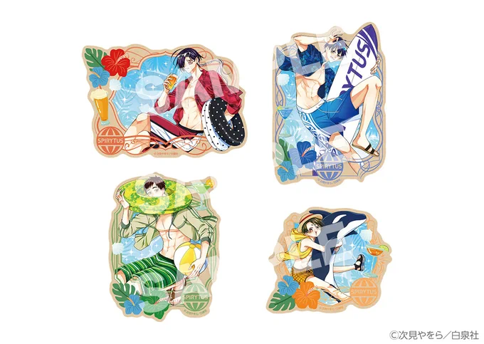 最新6巻グッズ紹介④#拷問バイトくんの日常 常夏トラベルステッカー 南国の海にいるセロ・シウ・ヒュー・ミケがステッカーに。丈夫なステッカー仕上げなので、キャリーケースに貼っていっしょに旅行もいいかも。缶バッジ4種とステッカー4種をまとめたちょっとお得セットもあります。 