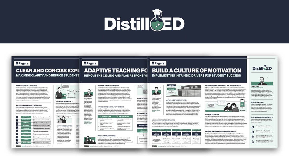 Jamie Clark (@xpateducator) on Twitter photo ๐ NEW ONE-PAGE GUIDES! These new A3 evidence-informed guides summarise three important aspects central to effective classroom practice:
๐ Building Motivation
๐ฏ Adaptive Teaching 
๐ฃ๏ธ Clear Explanations 
Grab them for FREE by subscribing and referring fellow teachers to the ๐ NEW ONE-PAGE GUIDES! These new A3 evidence-informed guides summarise three important aspects central to effective classroom practice:
๐ Building Motivation
๐ฏ Adaptive Teaching 
๐ฃ๏ธ Clear Explanations 
Grab them for FREE by subscribing and referring fellow teachers to the