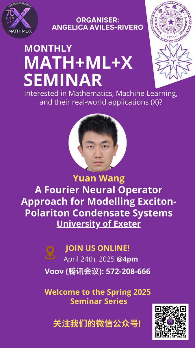🧠 Ready to see ML tackle quantum fluids of light? 💡⚡️

Join Yuan Wang (University of Exeter) at #MathMLXSeminar on Apr 24 @ 4PM (Beijing time) for:

📌 A Fourier Neural Operator Approach for Modelling Exciton-Polariton Condensate Systems

📍 Voov ID: 572-208-666