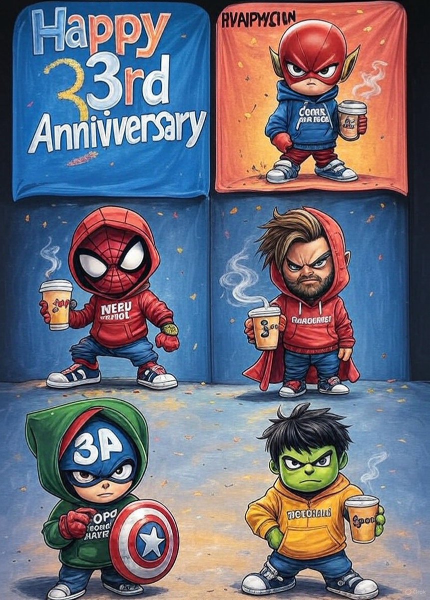 3 years on X!
From steaming mugs to sneakered superheroes, it’s been a journey through pixels and inspiration — coffee in hand, imagination always on.
Thanks to everyone who’s walked with me in this creative universe.
#MyXAnniversary #TokenVibes