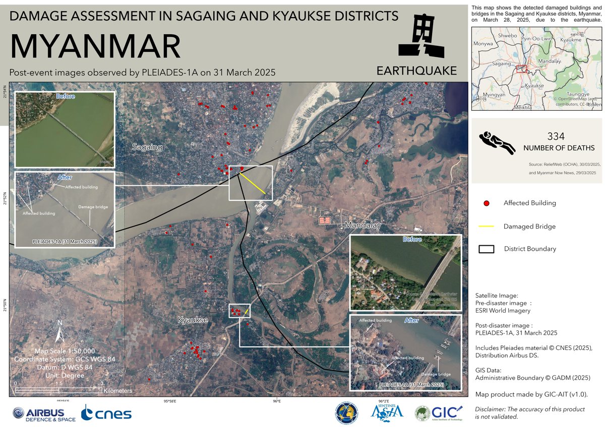 gicait's tweet image. 🚨M7.7 earthquake hit near Mandalay, Myanmar on Mar 28, 2025. Tremors reached as far as Bangkok.
📍GIC released satellite-based damage maps for Sagaing &amp;amp; Kyaukse using ESRI &amp;amp; PLEIADES-1A imagery to assess impact.

#MyanmarEarthquake #Disastermapping

🔗geoinfo.ait.ac.th/myanmar-earthq…
