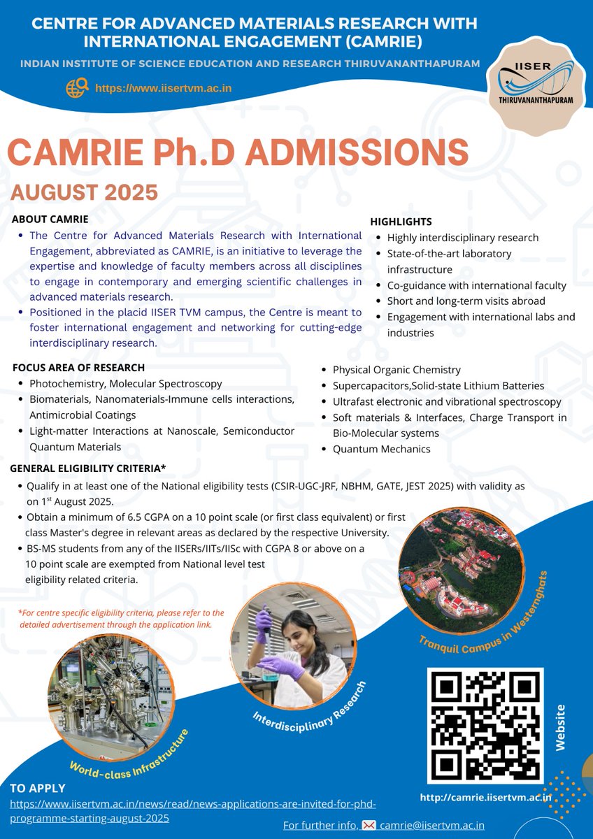 Hariharan Group (@grouphariharan) on Twitter photo PhD Admissions Open!💫
Join the CAMRIE program at IISER Thiruvananthapuram and dive into cutting-edge research in interdisciplinary science.
Check it out: camrie.iisertvm.ac.in
#PhD #IISERTVM #CAMRIE #ResearchOpportunity
<a href="/tvmiiser/">IISER Thiruvananthapuram</a> <a href="/Chemie_iisertvm/">School of Chemistry IISER TVM</a> PhD Admissions Open!💫
Join the CAMRIE program at IISER Thiruvananthapuram and dive into cutting-edge research in interdisciplinary science.
Check it out: camrie.iisertvm.ac.in
#PhD #IISERTVM #CAMRIE #ResearchOpportunity
<a href="/tvmiiser/">IISER Thiruvananthapuram</a> <a href="/Chemie_iisertvm/">School of Chemistry IISER TVM</a>