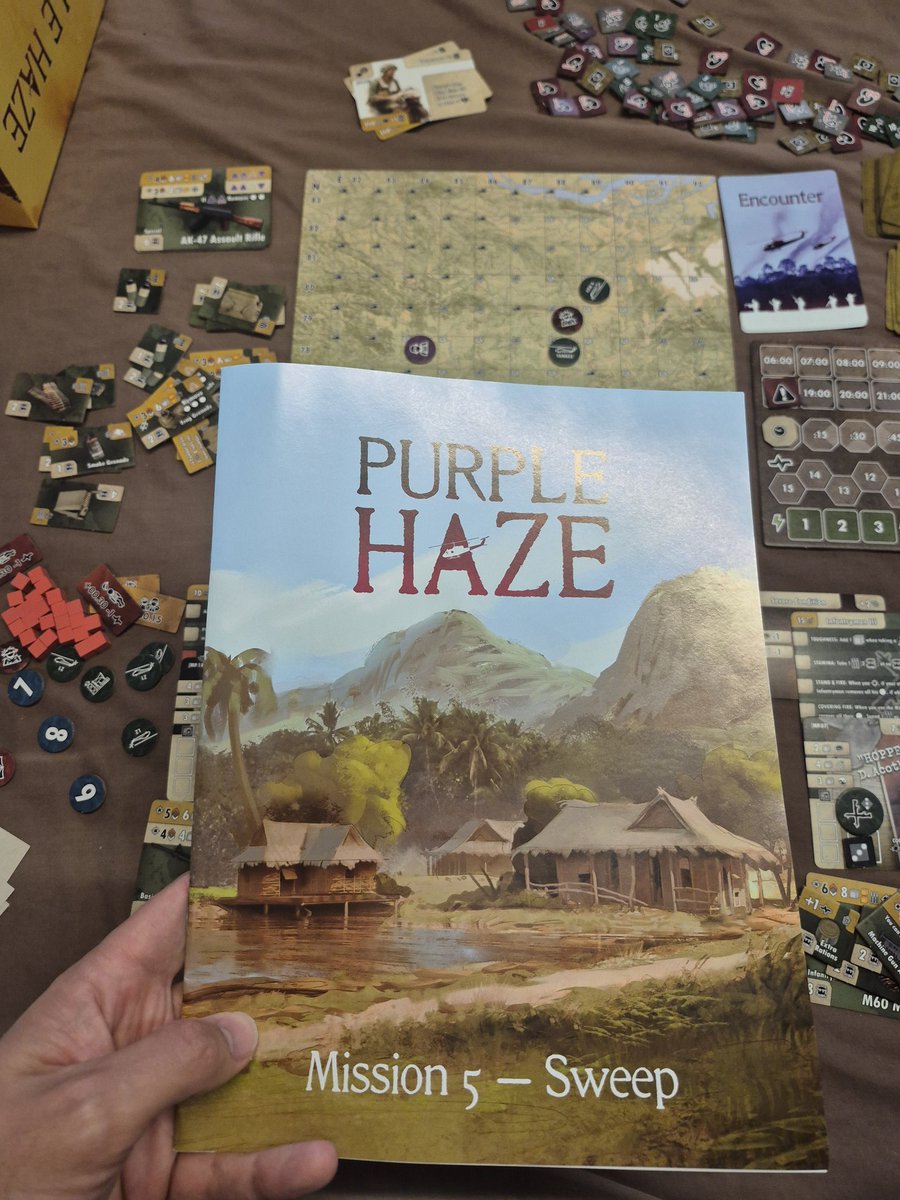 Up to Mission 5 in Purple Haze - Sweep.

I like the theme of this Mission because "Sweep" is one of the most common operations you take in COIN games like Fire in the Lake.

My squad of Marines has been air lifted into a cluster of hamlets in South Vietnam with suspected VC