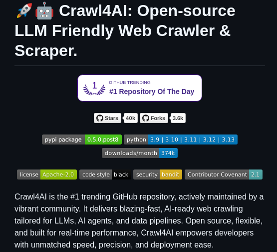 tom_doerr's tweet photo. Open-source tool for web crawling, scraping, and data extraction for LLMs and AI pipelines https://t.co/RhmAbQwdyZ