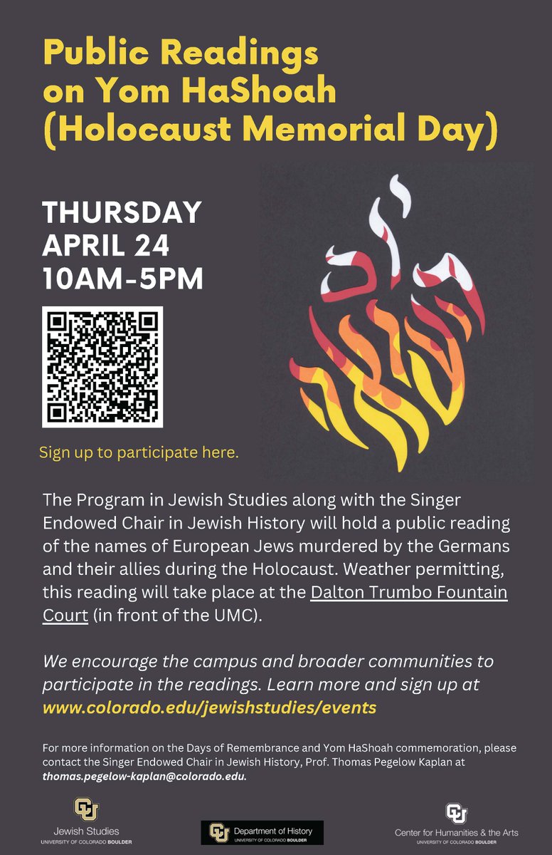 Join the Program in Jewish Studies along with the Singer Endowed Chair in Jewish History on Holocaust Memorial Day for a public reading of the names of European Jews murdered by the Germans and their allies during the Holocaust
Sign up here to participate: docs.google.com/spreadsheets/d…