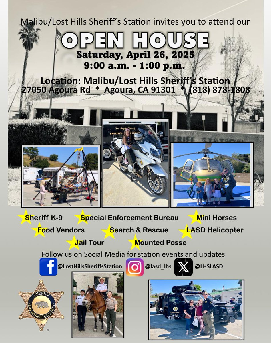 Malibu Search Rescue (@malibusar) on Twitter photo We are all excited to host our community this Saturday for the #LostHillsStation Open House. Come join a large diverse group of first responders from multiple agencies to learn more about what we do. Great fun for kids and adults. <a href="/LHSLASD/">LASD Lost Hills Stn.</a> <a href="/LASDHQ/">LA County Sheriffs</a> We are all excited to host our community this Saturday for the #LostHillsStation Open House. Come join a large diverse group of first responders from multiple agencies to learn more about what we do. Great fun for kids and adults. <a href="/LHSLASD/">LASD Lost Hills Stn.</a> <a href="/LASDHQ/">LA County Sheriffs</a>