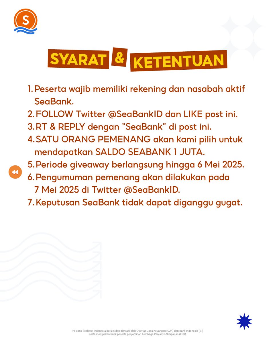 🤑 SALDO 1 JUTA DARI SEABANK 🤑

Hayoo, siapa yang mau SALDO 1 JUTA dari MinSea 🤭 Yuk ikutan giveaway dengan FOLLOW TWITTER @seabankID! Cek informasi selengkapnya di bawah yaa dan REPLY "SEABANK" SEBANYAK-BANYAKNYA!🤩
