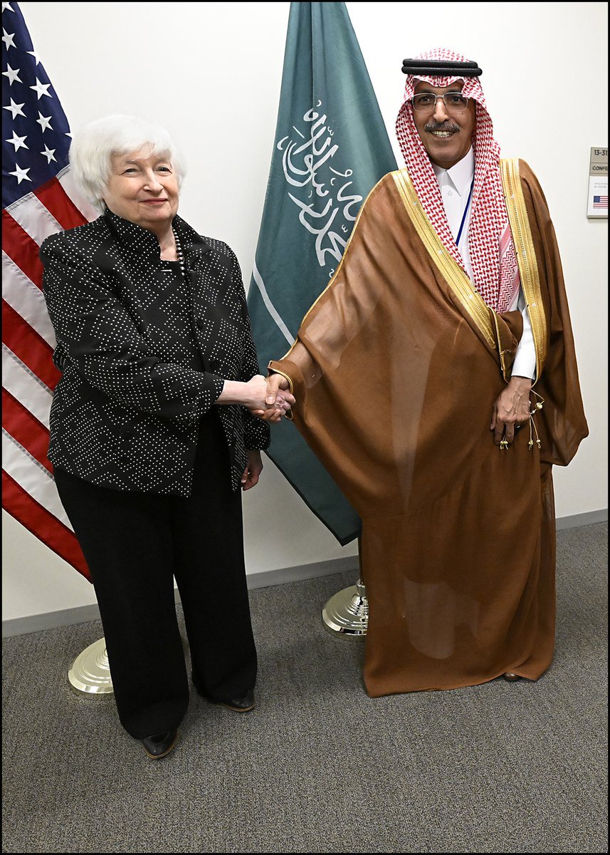 janetyellenn's tweet photo. Today  I met with Saudi Arabia’s Finance Minister Mohammed Al-Jadaan to discuss his country’s regional and global economic developments, especially as it pertains to economic stability in the West Bank amid conflict in the region. https://t.co/sVokiep98q