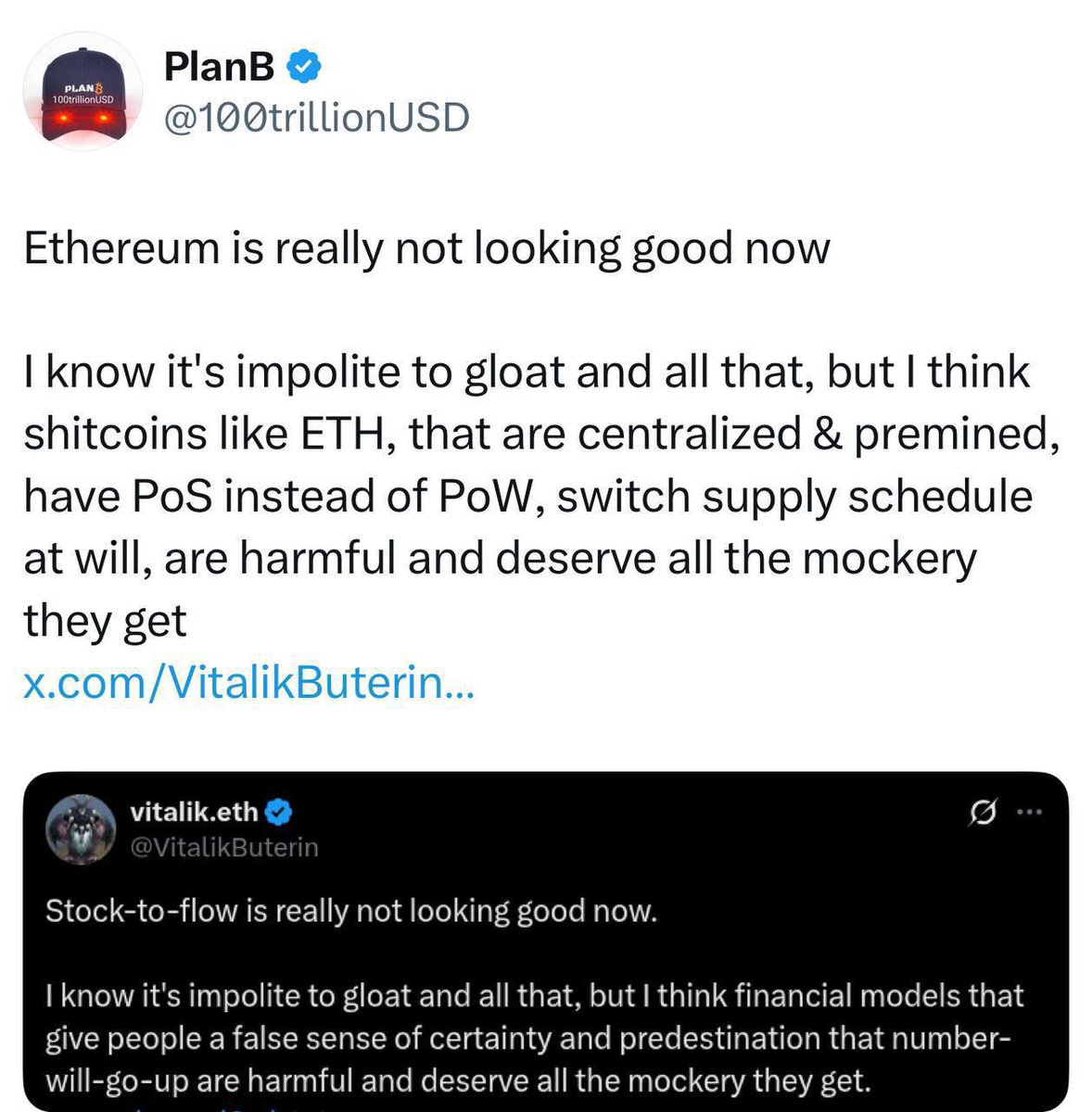 Plan B calls out Vitalik and his coin #ETH for being a scam project and shitcoin.