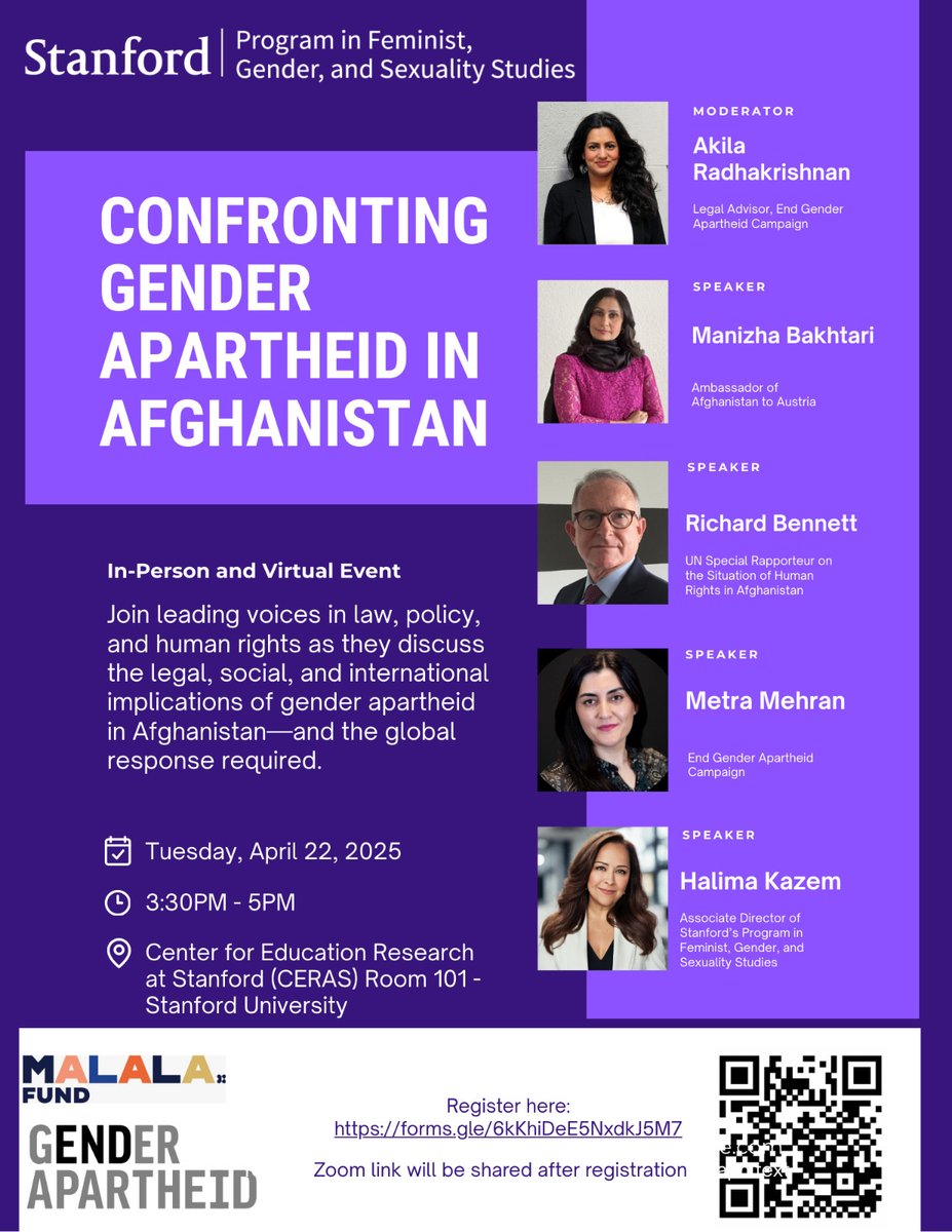 EGACampaign's tweet image. 🗓 Tuesday, April 22 at 3:30pm PT/6:30pm ET
Tune in to our virtual event with Stanford University and Malala Fund on Confronting Gender Apartheid in Afghanistan, featuring legal and human rights experts.
Register now: forms.gle/6kKhiDeE5NxdkJ…
