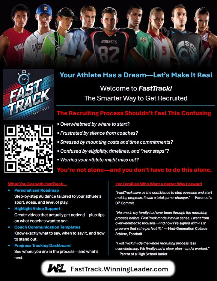 Recruiting is more uncertain than ever. The transfer portal changed the game—but FastTrack is helping student-athletes win it.

✅ Real success stories
💰 Affordable for families
📈 Clear, step-by-step recruiting roadmap
Start here: FastTrack.WinningLeader.com
#GetRecruited