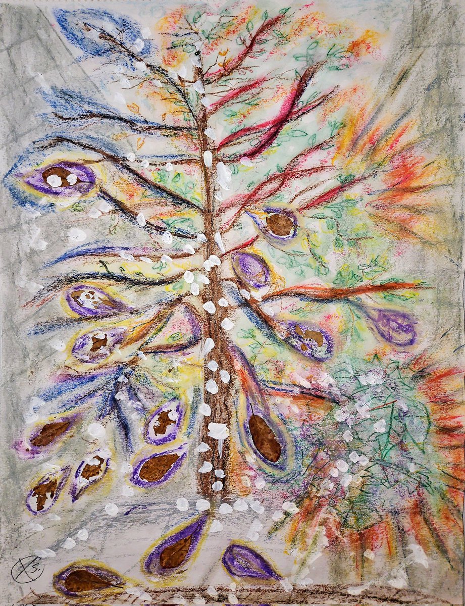 XuscaSoleNY's tweet photo. "#Tree in four #seasons". #Painting
#Mixmedium on #Paper + #leaves.
#BlackTupelo and a #shrub, in
the interior garden at #VIA57WEST.
Not realistic optically, but more real revealing the #Auras.
Symbolizes endurance, transformation..
#Auraism (c) #XSolé https://t.co/9In5hiW5oG