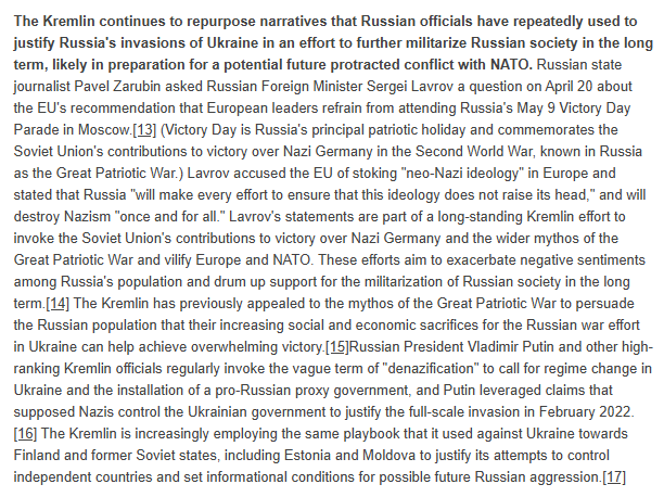 The Kremlin continues to repurpose narratives that Russian officials have repeatedly used to justify Russia's invasions of Ukraine in an effort to further militarize Russian society in the long term, likely in preparation for a potential future protracted conflict with NATO. The