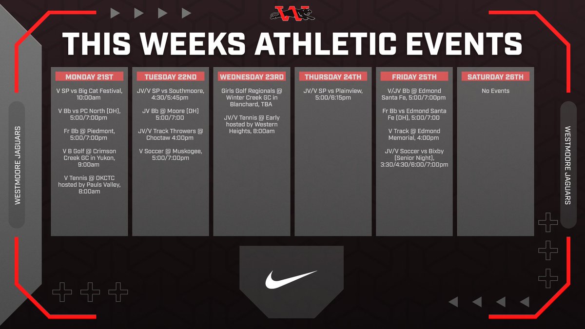 Check out this weeks events! We start post season events this week with Girls golf. One more week for everyone else!