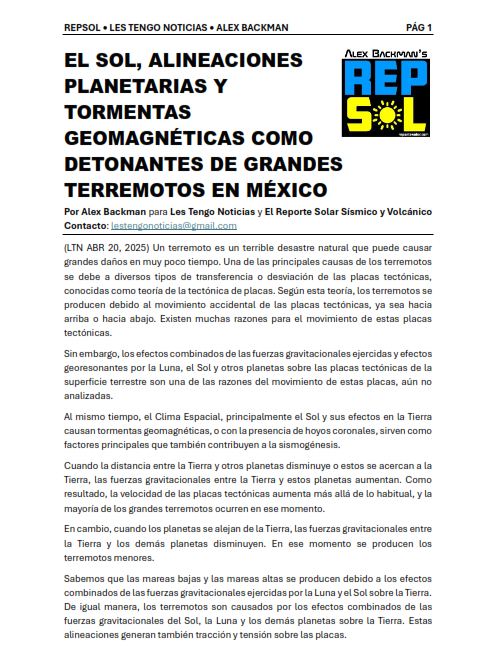 alexbackman619's tweet photo. NUEVO ARTÍCULO DE ALEX BACKMAN • EL SOL, ALINEACIONES PLANETARIAS Y TORMENTAS GEOMAGNÉTICAS COMO DETONANTES DE GRANDES TERREMOTOS EN MÉXICO • PDF DE 25 PÁGINAS YA ESTÁ DISPONIBLE POR $100.00 MXP O 5 USD Visiten https://t.co/rFqNF123BC #terremotos #alexbackman #repsol https://t.co/d5086nu9wL