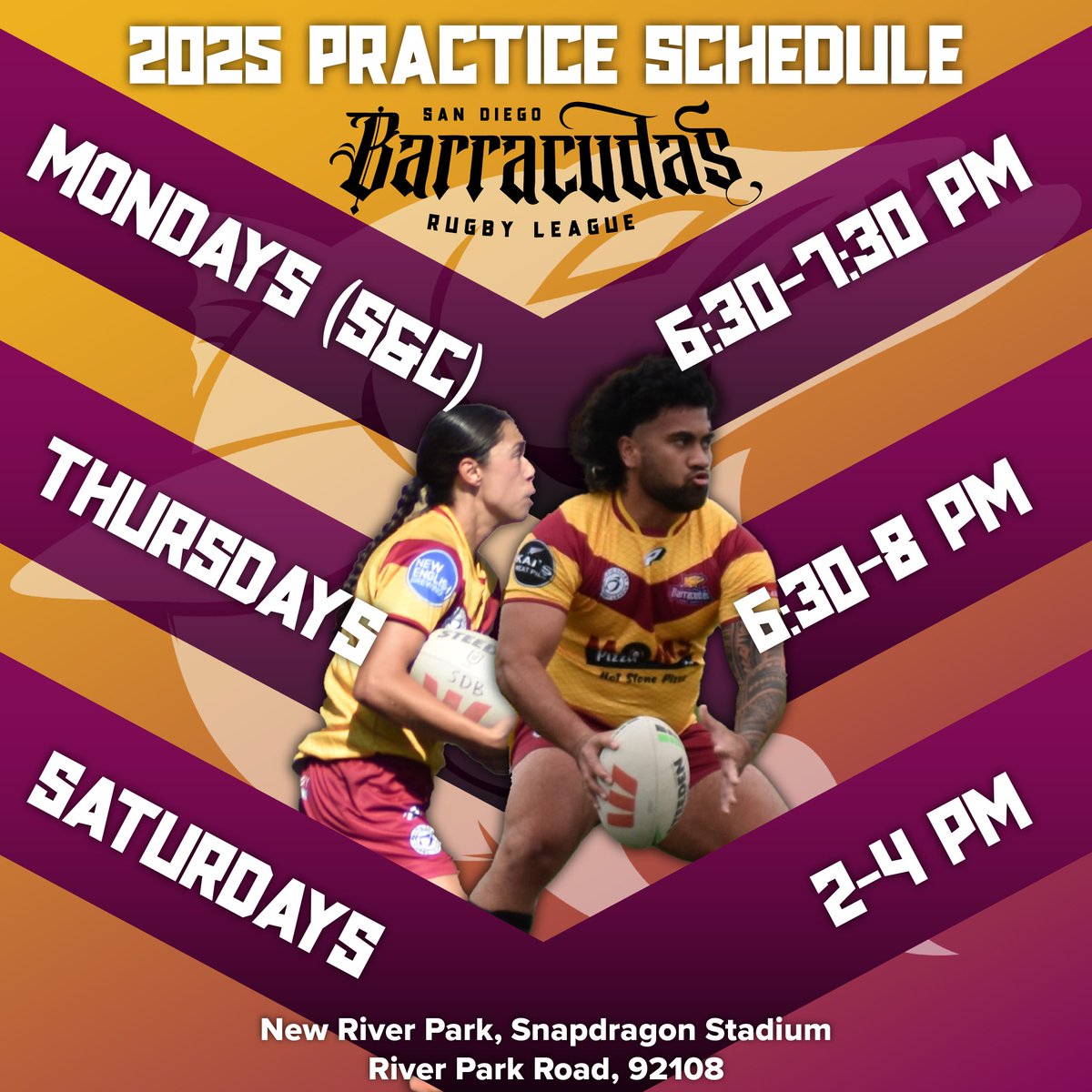 Your 2025 men's and women's Barracudas practice schedule!

Time to lock in and join the Cuda family