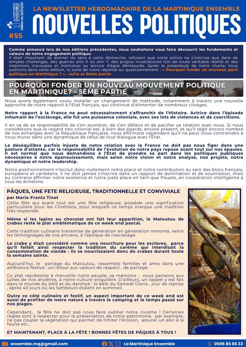 55eme édition de la newsletter de la Martinique Ensemble
Bonne lecture !