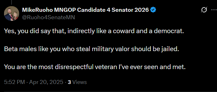 SteveMaur's tweet image. This is what Mike Ruoho tunning for the Senate in Minn thinks about vets.