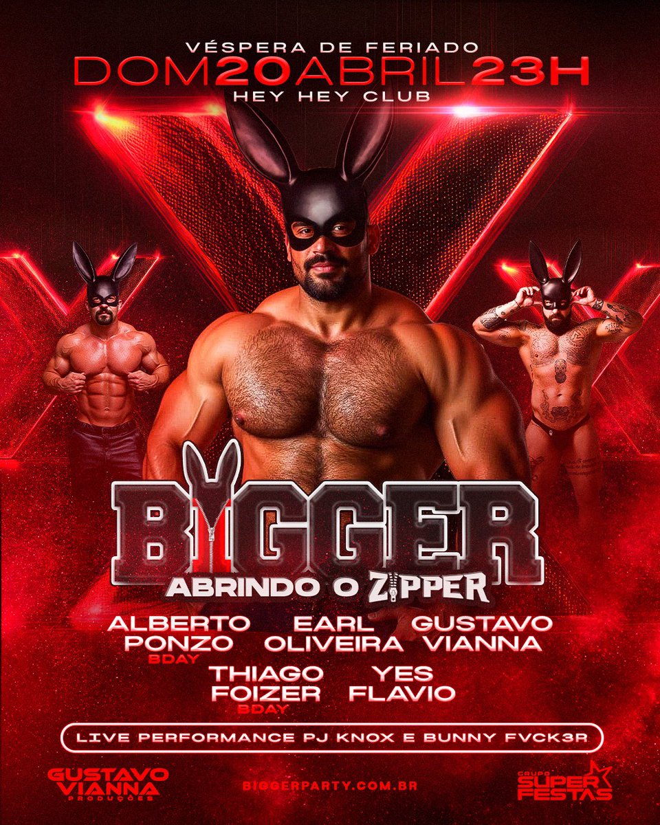 Bigger Party (@biggerparty) on Twitter photo ร HOJE! ๐ฐ๐Vamos abrir o ZIPPER na @biggerparty
DOMINGO, 20 Abril (vรฉsp feriado) 23h
๐Live Performances <a href="/PJKnoxXX/">PJ Knox</a>+ <a href="/luizbear88/">Luiz Bear ๐ฌ๐ฝ๐</a>
<a href="/Paulista20ABC/">KAIO PAULISTA</a> + <a href="/eli_barcelloss/">Eli Barcellos</a> + <a href="/pietrocrvlho/">Pietro Carvalho</a>
๐๏ธIngressos: bit.ly/BiggerParty
๐HeyHey Club, rua Marquรชs de Itu, 284๐Repรบblica SP ร HOJE! ๐ฐ๐Vamos abrir o ZIPPER na @biggerparty
DOMINGO, 20 Abril (vรฉsp feriado) 23h
๐Live Performances <a href="/PJKnoxXX/">PJ Knox</a>+ <a href="/luizbear88/">Luiz Bear ๐ฌ๐ฝ๐</a>
<a href="/Paulista20ABC/">KAIO PAULISTA</a> + <a href="/eli_barcelloss/">Eli Barcellos</a> + <a href="/pietrocrvlho/">Pietro Carvalho</a>
๐๏ธIngressos: bit.ly/BiggerParty
๐HeyHey Club, rua Marquรชs de Itu, 284๐Repรบblica SP