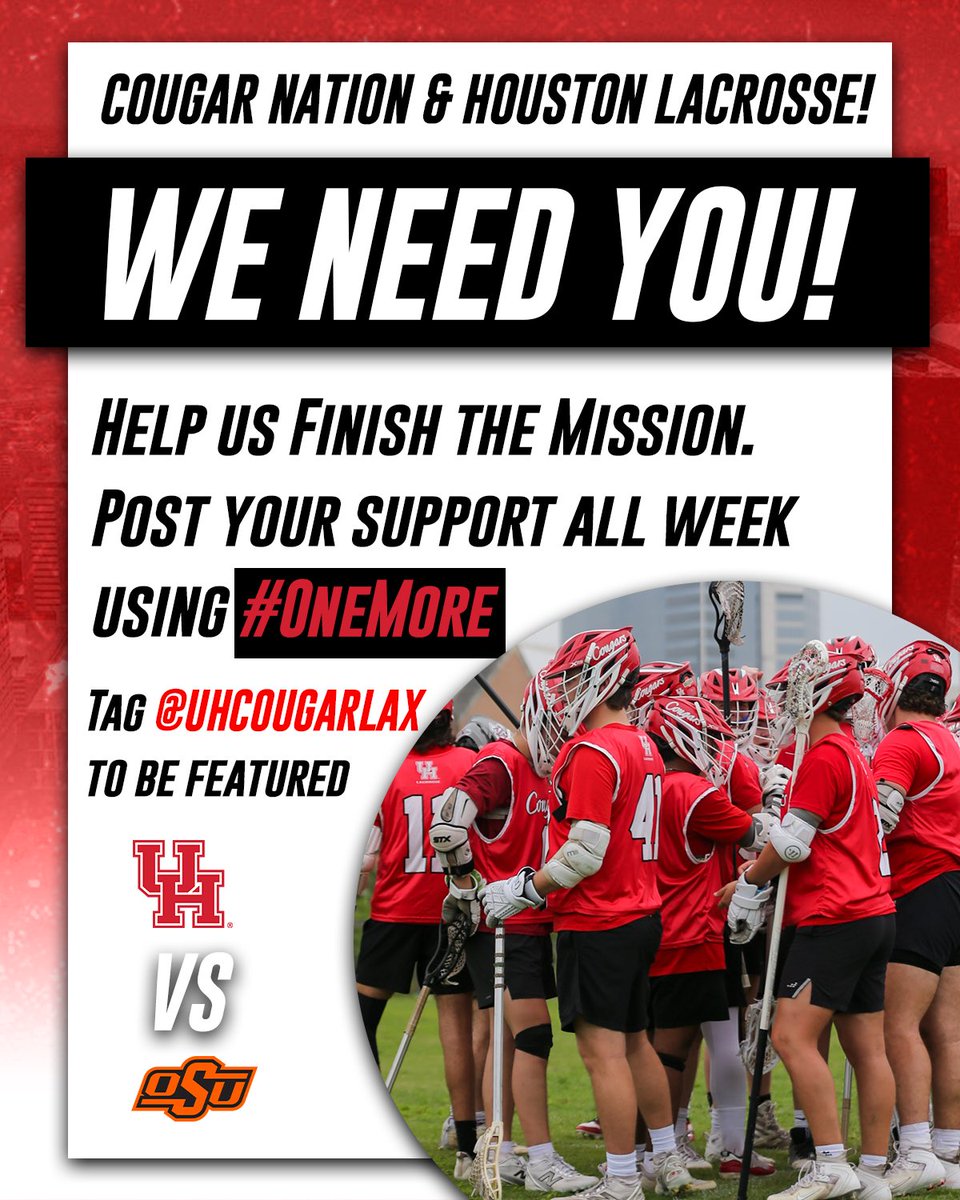 Houston Lacrosse (@uhcougarlax) on Twitter photo #OneMore WEEK! ๐๐
CHAMPIONSHIP WEEK HAS ARRIVED โผ๏ธ
Everything weโve worked for comes down to this.
For the city. For the alumni. For each other.
One team. One shot. #OneMore
๐ Oklahoma State
๐ 4/27/25
โฐ 12 PM
๐ Melissa, Texas
๐ฅ <a href="/GameOnSportsNet/">Game On Sports</a>
<a href="/VarsityLacrosse/">Varsity Club Lacrosse</a> #OneMore WEEK! ๐๐
CHAMPIONSHIP WEEK HAS ARRIVED โผ๏ธ
Everything weโve worked for comes down to this.
For the city. For the alumni. For each other.
One team. One shot. #OneMore
๐ Oklahoma State
๐ 4/27/25
โฐ 12 PM
๐ Melissa, Texas
๐ฅ <a href="/GameOnSportsNet/">Game On Sports</a>
<a href="/VarsityLacrosse/">Varsity Club Lacrosse</a>